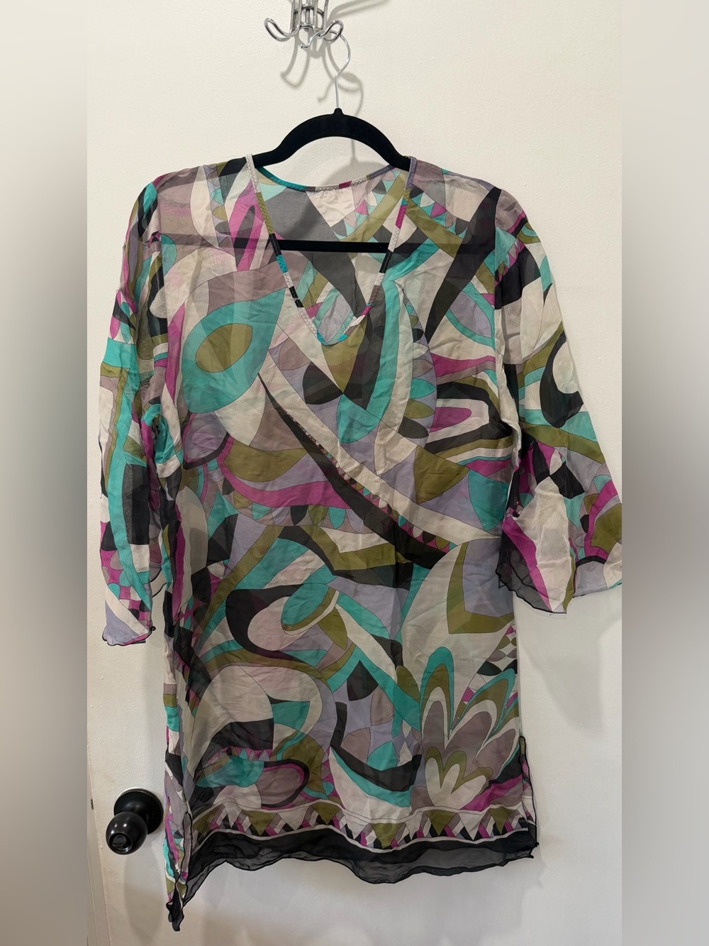 Sheer Printed V-Neck Tunic Top - Multicolor